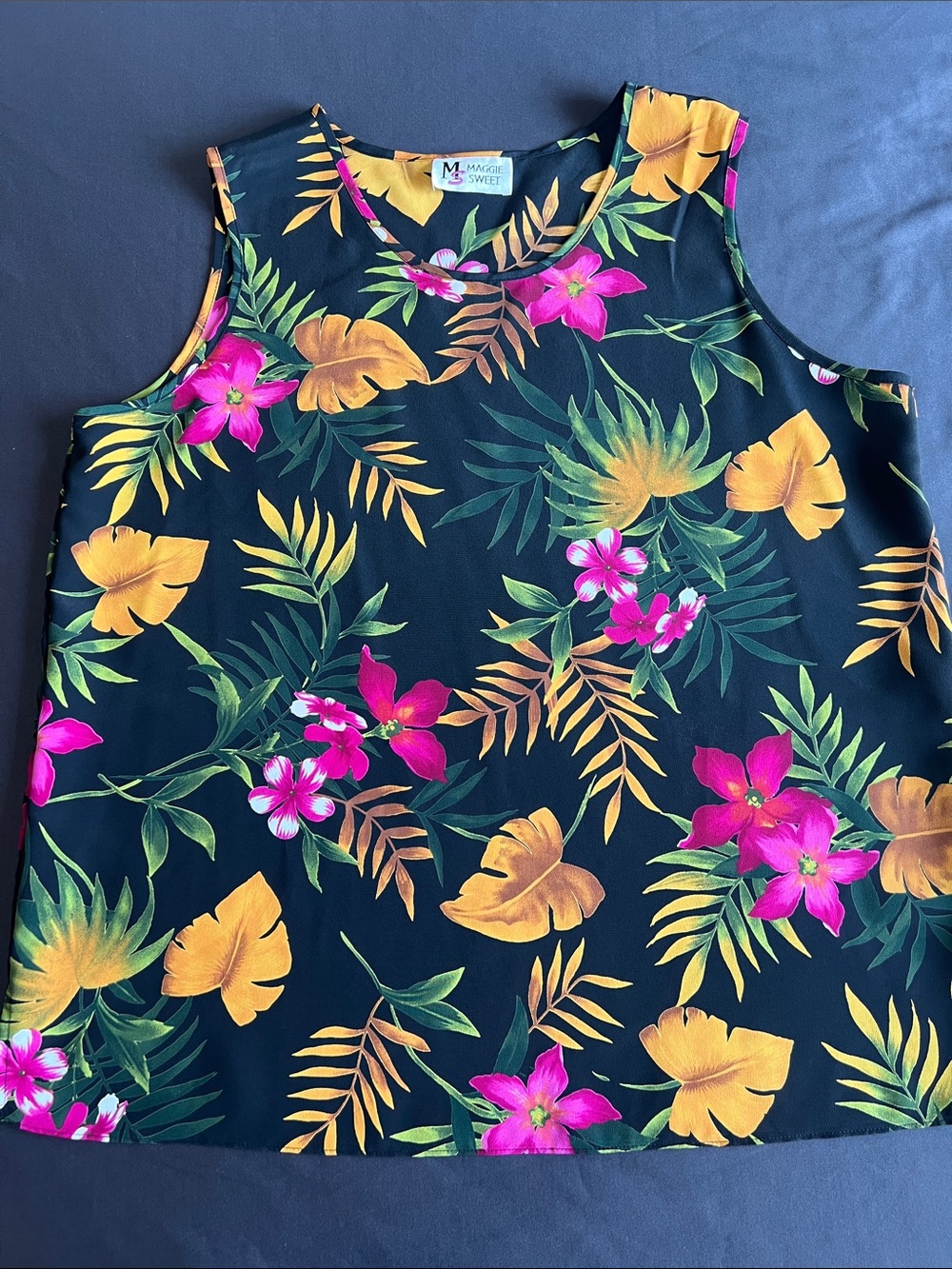 Maggie Sweet Vintage Black Tropical Floral Tank Top - Pink & Yellow